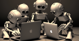 Group of robots working on the search engine revolution