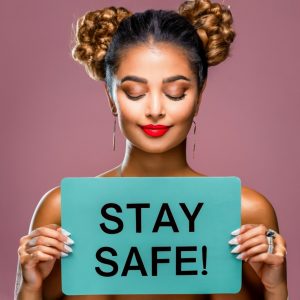 AI Generated Woman holding a sign saying "Stay Safe" 
